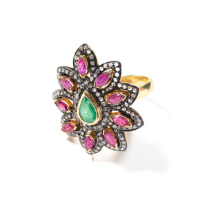 
                  
                    Marigold Tiger Handmade jewelry Emerald and Ruby Flower Petal Cocktail Ring
                  
                